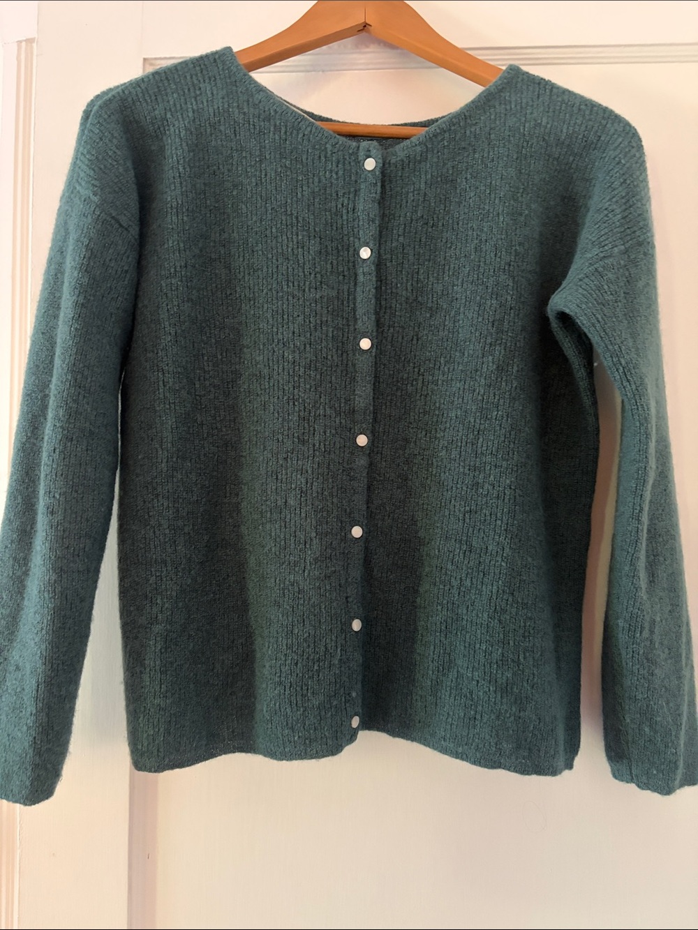 Sezane Teal Button-Back Wool Blend Cardigan